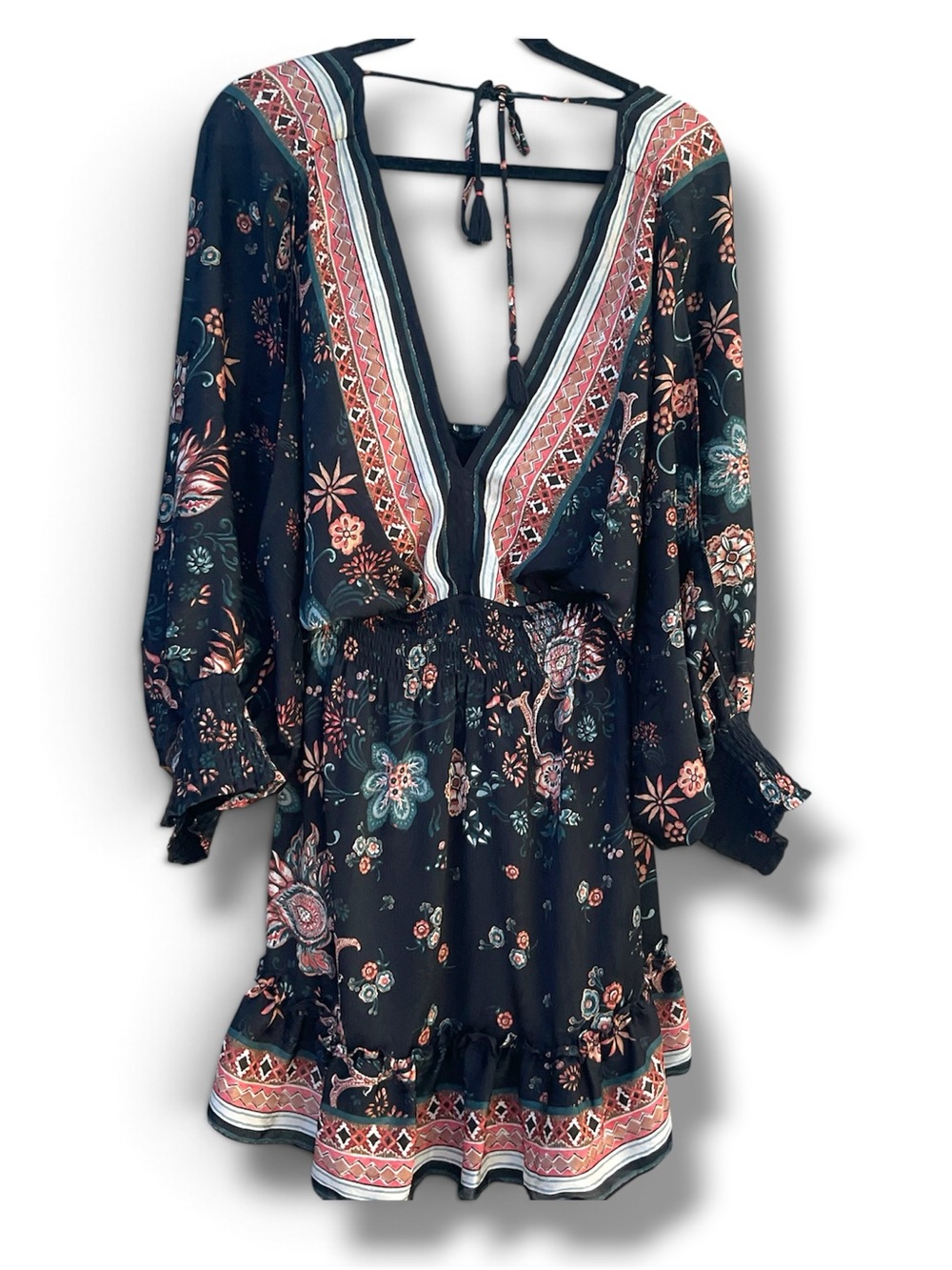 lovestitch Black Floral Boho V-Neck Tunic Dress